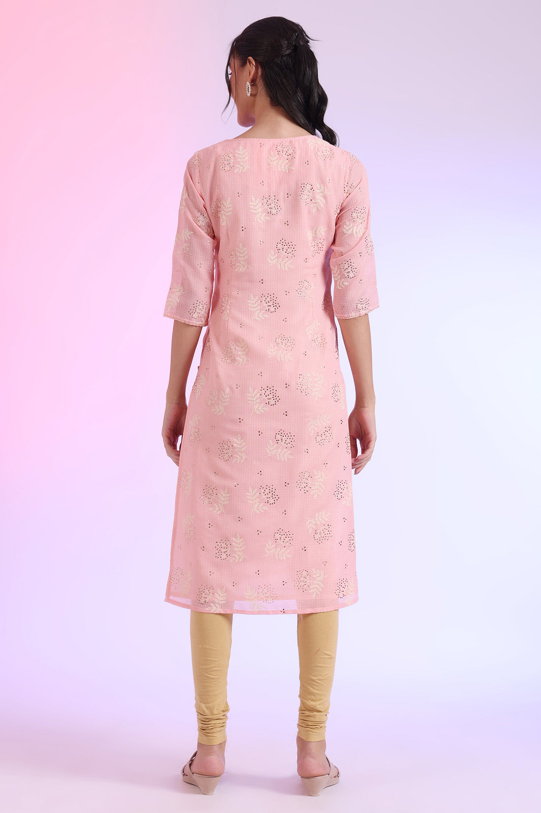 Pastel Pink Floral Printed Embellished Kota Straight Kurta