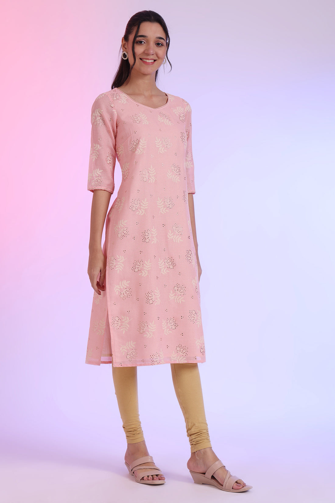 Pastel Pink Floral Printed Embellished Kota Straight Kurta