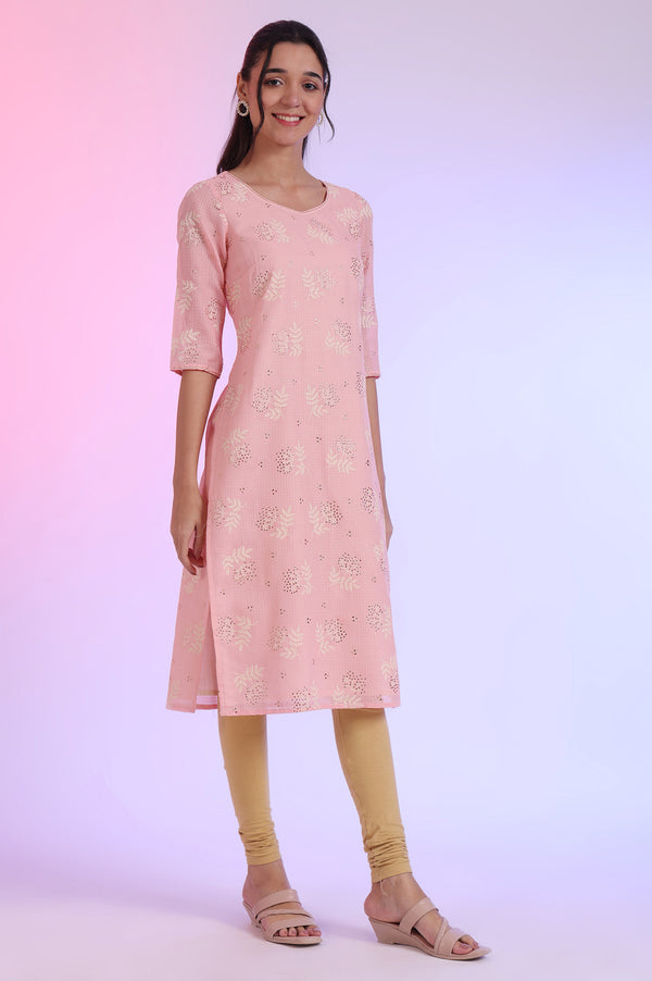 Pastel Pink Floral Printed Embellished Kota Straight Kurta