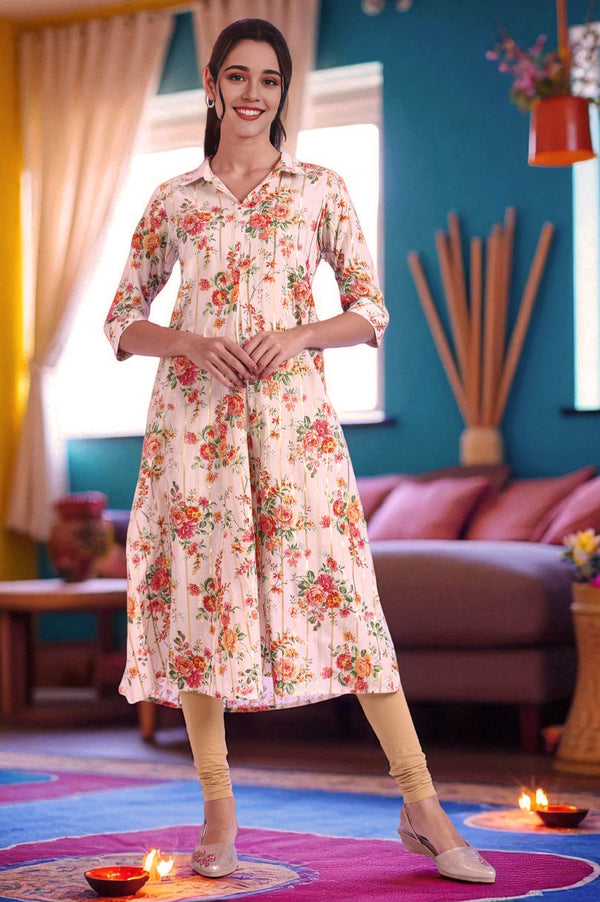 White Printed A-Line Cotton Lurex Kurta