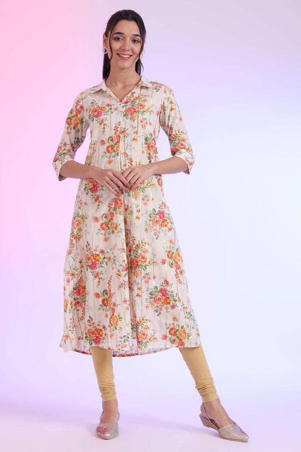 White Printed A-Line Cotton Lurex Kurta
