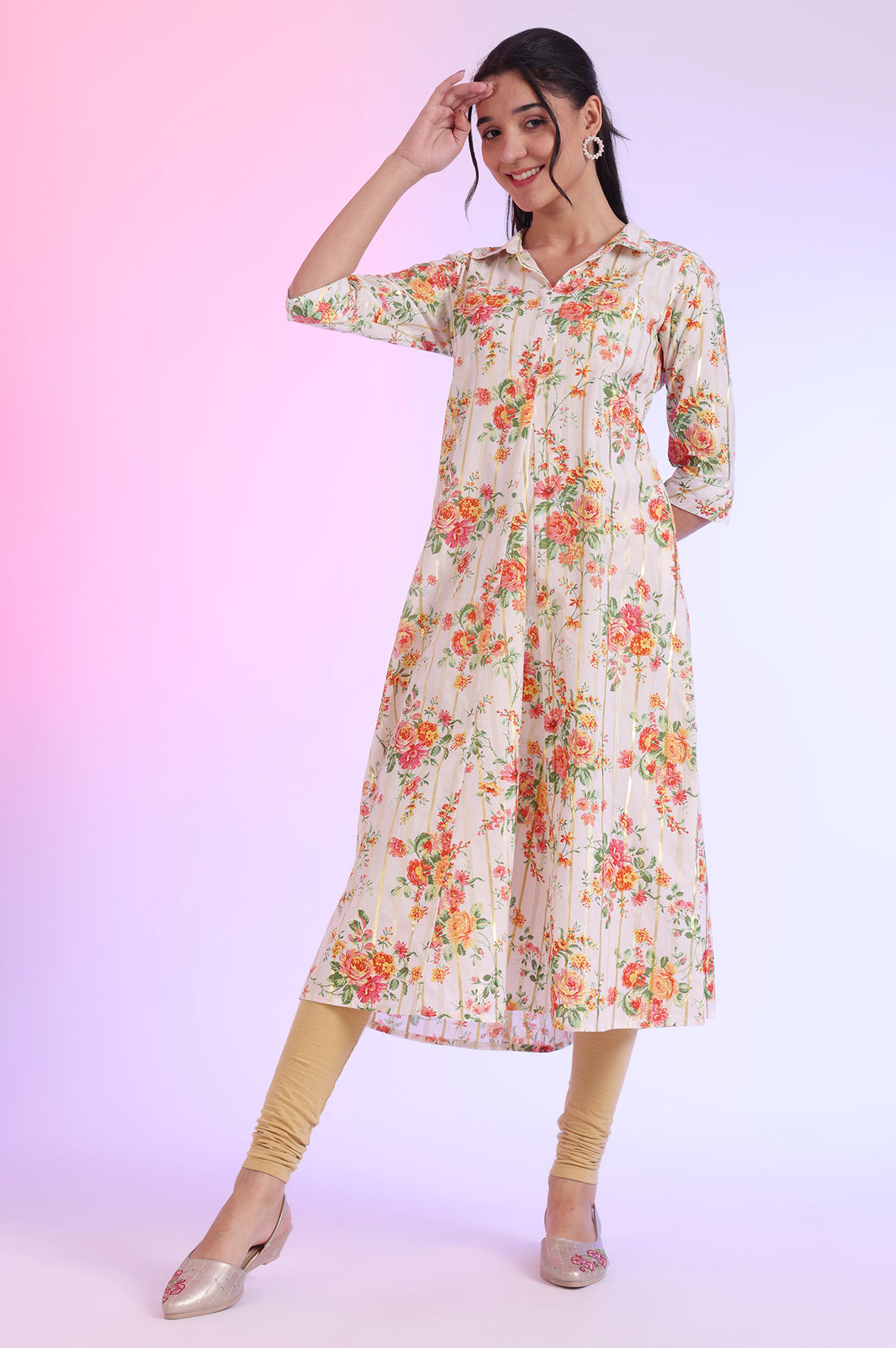 White Printed A-Line Cotton Lurex Kurta