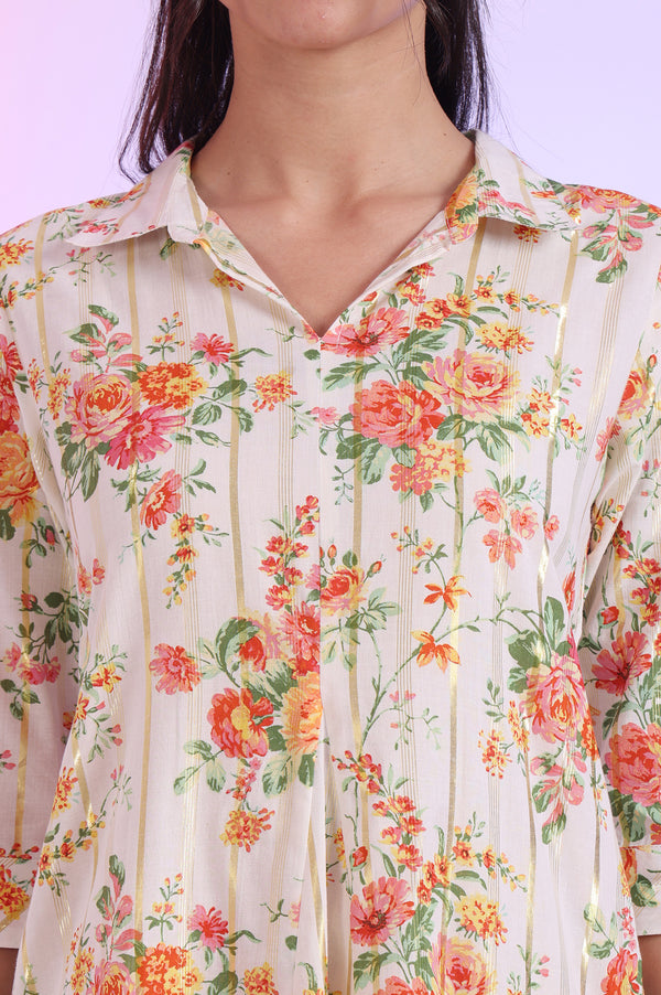 White Printed A-Line Cotton Lurex Kurta