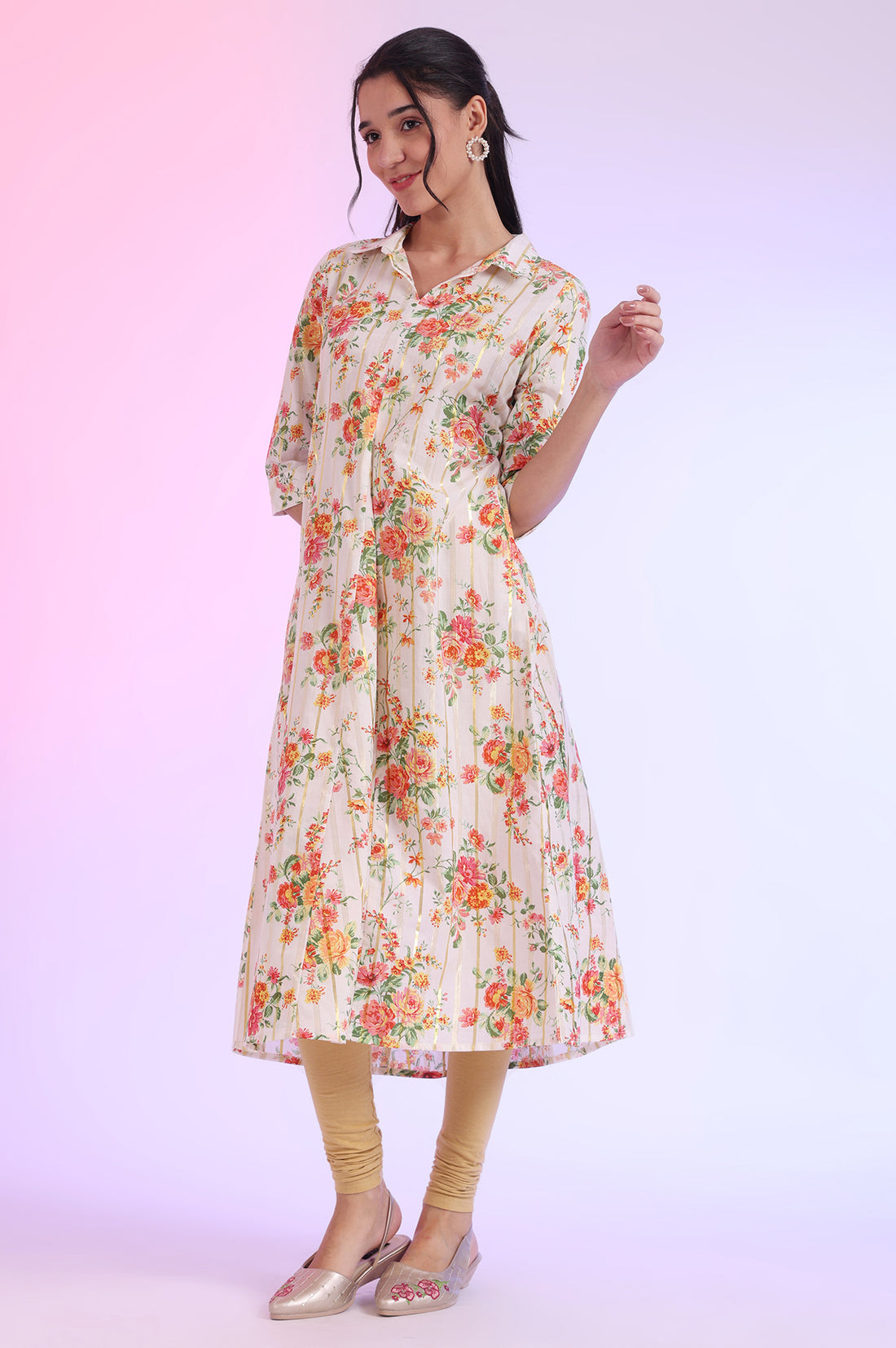 White Printed A-Line Cotton Lurex Kurta