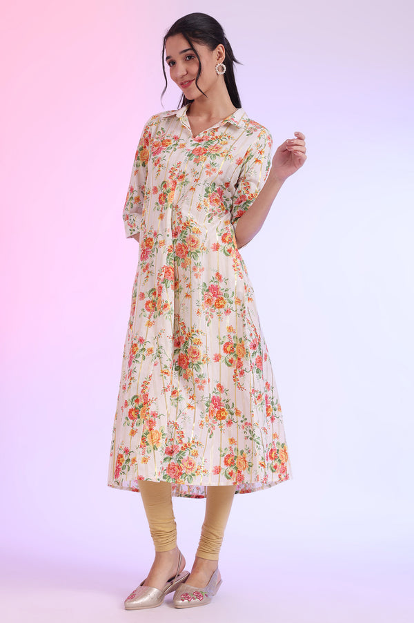 White Printed A-Line Cotton Lurex Kurta