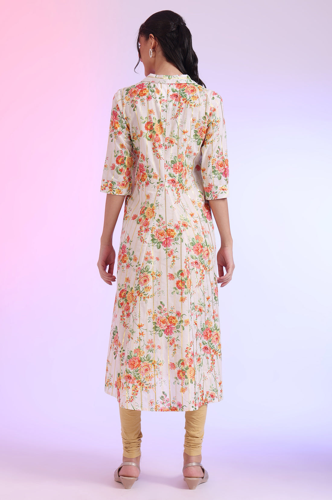 White Printed A-Line Cotton Lurex Kurta