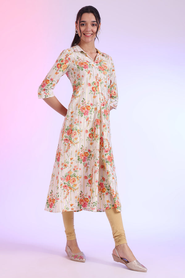 White Printed A-Line Cotton Lurex Kurta