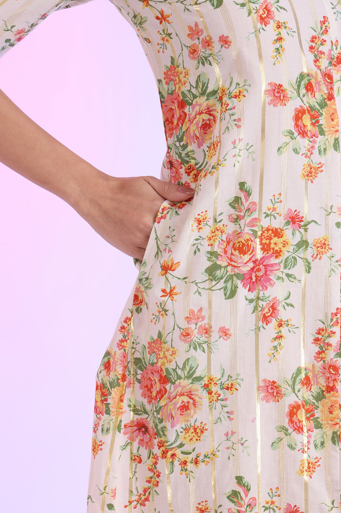 White Printed A-Line Cotton Lurex Kurta