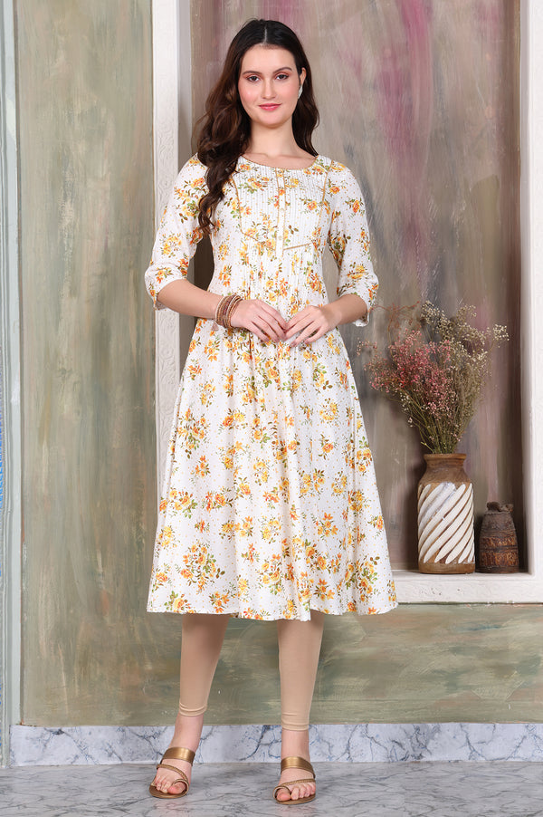 White Floral Printed A-line Kurta with Zari Embroidery