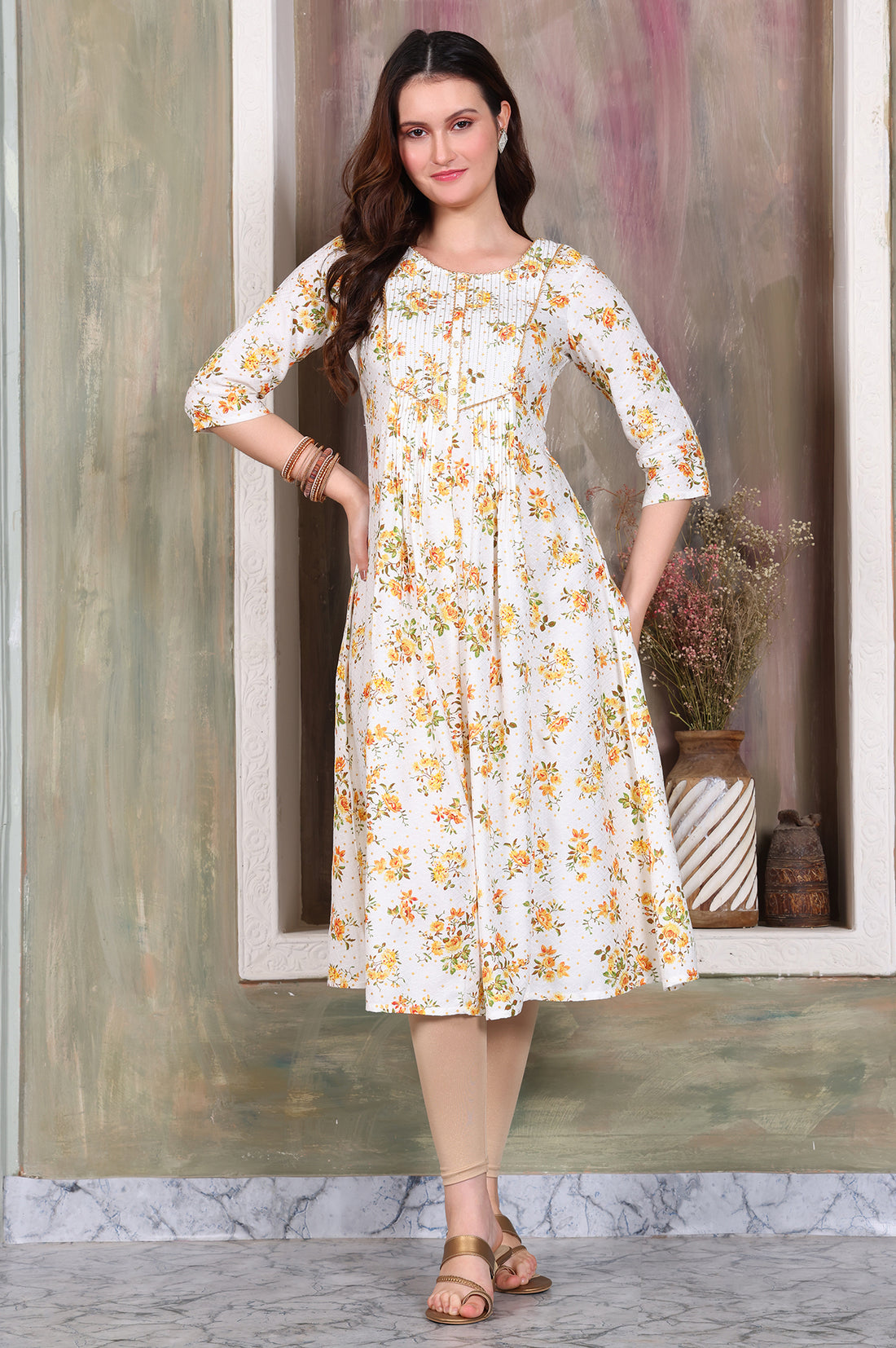 White Floral Printed A-line Kurta with Zari Embroidery