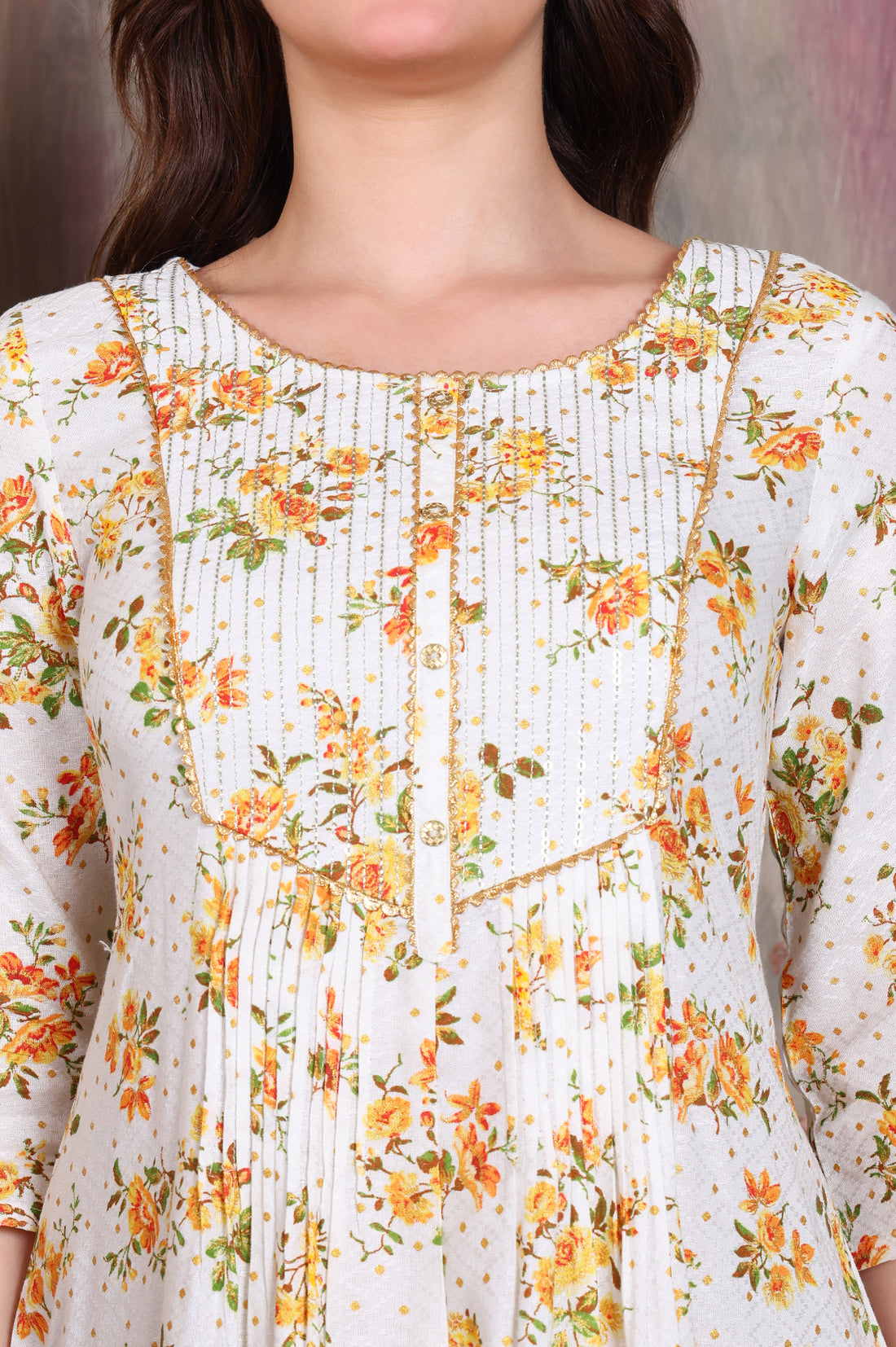 White Floral Printed A-line Kurta with Zari Embroidery