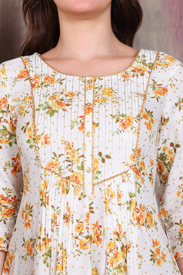 White Floral Printed A-line Kurta with Zari Embroidery