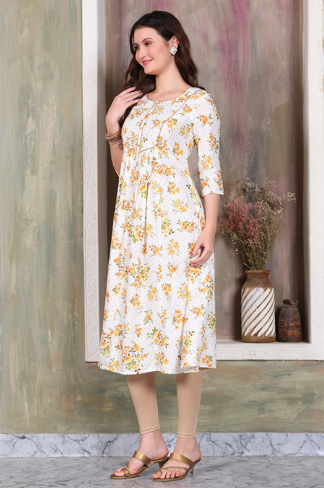 White Floral Printed A-line Kurta with Zari Embroidery