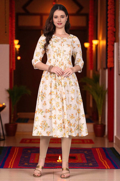 White Floral Printed A-line Kurta with Zari Embroidery