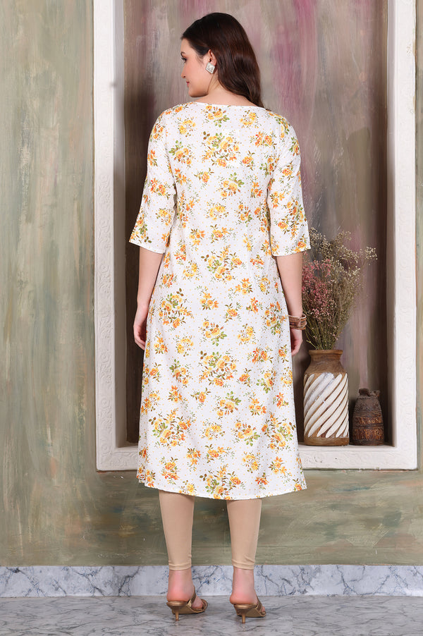 White Floral Printed A-line Kurta with Zari Embroidery