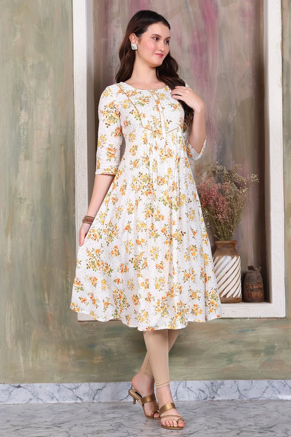 White Floral Printed A-line Kurta with Zari Embroidery