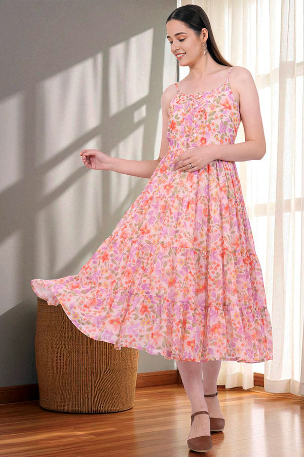 Orange Printed Flarred Georgette Dresses