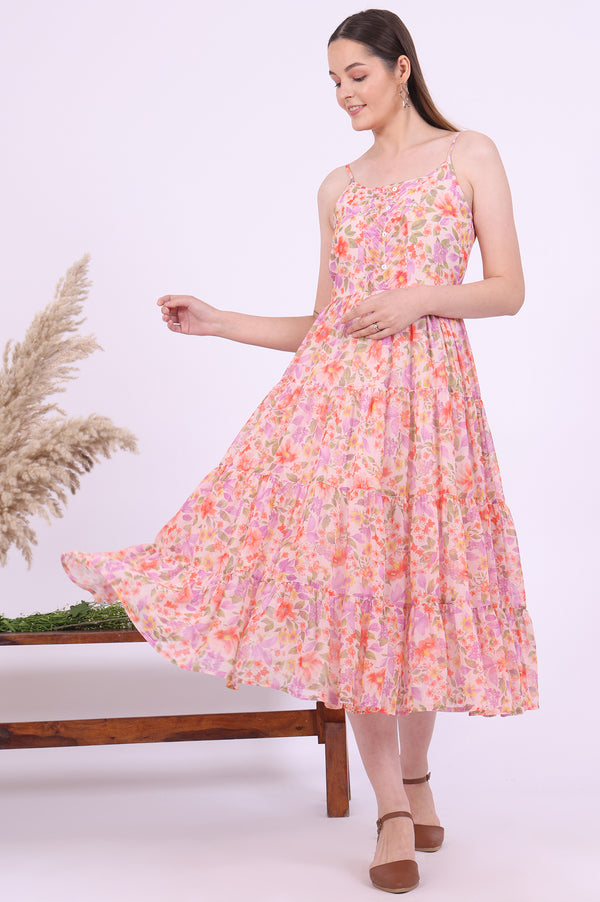 Orange Printed Flarred Georgette Dresses