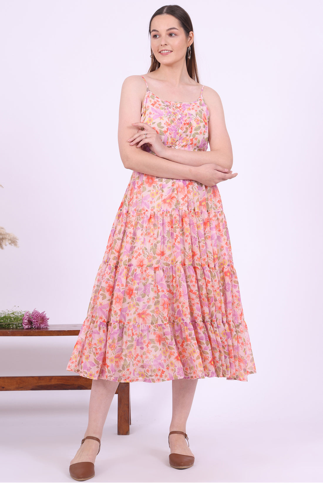 Orange Printed Flarred Georgette Dresses