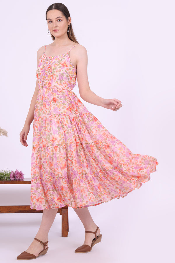 Orange Printed Flarred Georgette Dresses