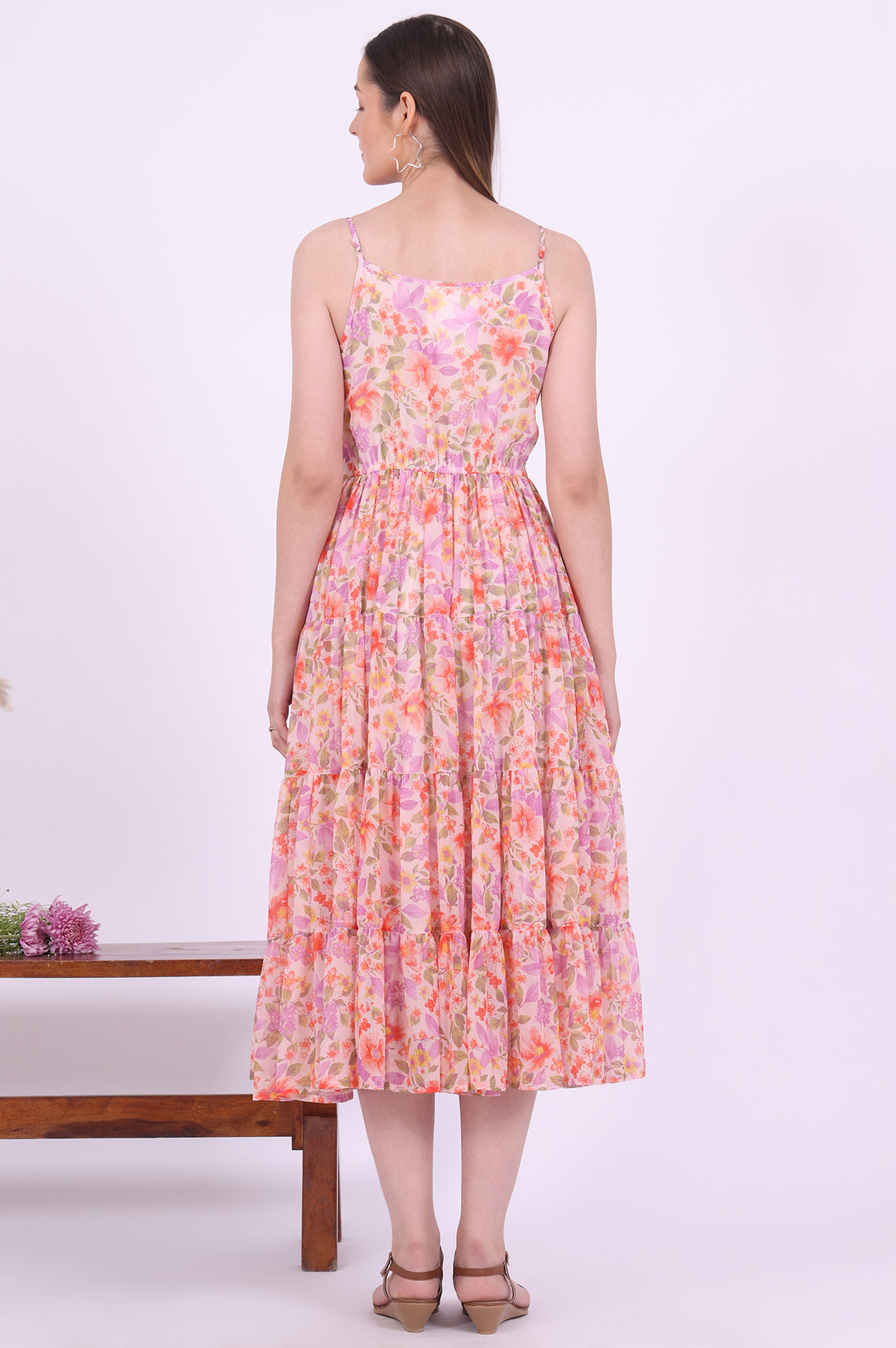 Orange Printed Flarred Georgette Dresses