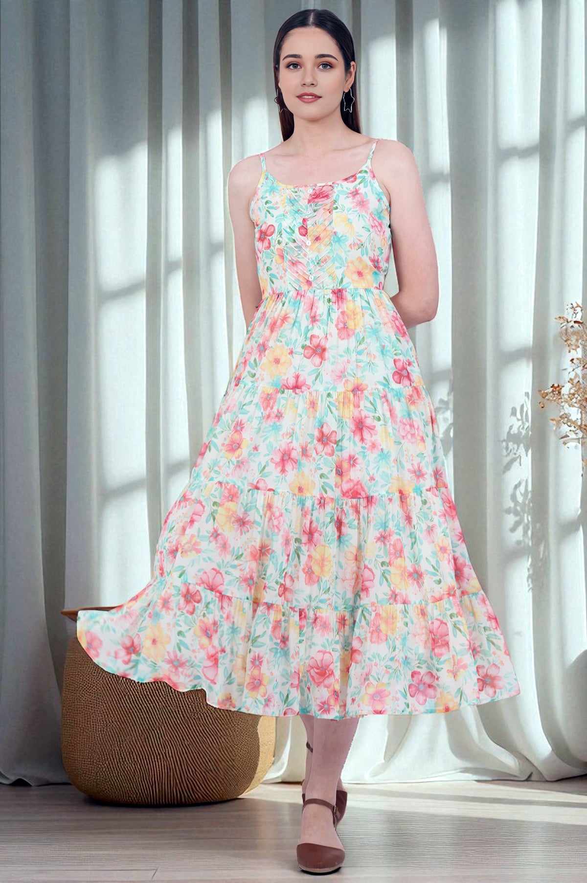 Green Printed Flarred Georgette Dresses - XS
