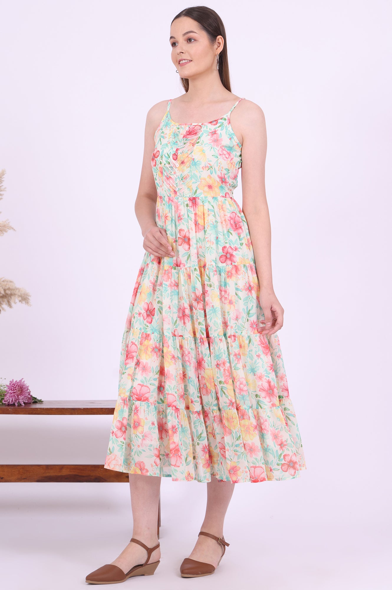 Buy Green Printed Flarred Georgette Dresses Online for Woman