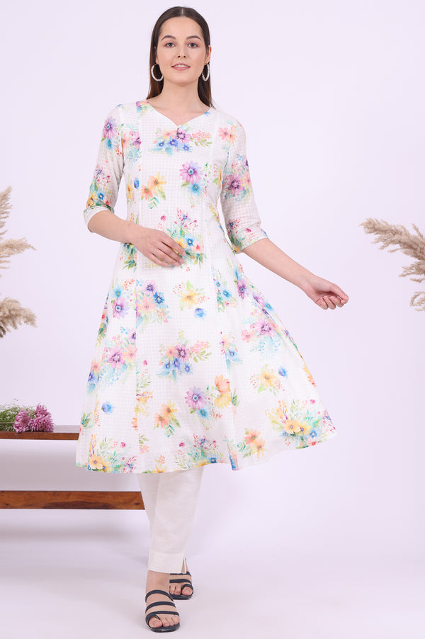 White Printed A-Line Pure Cotton Kurta