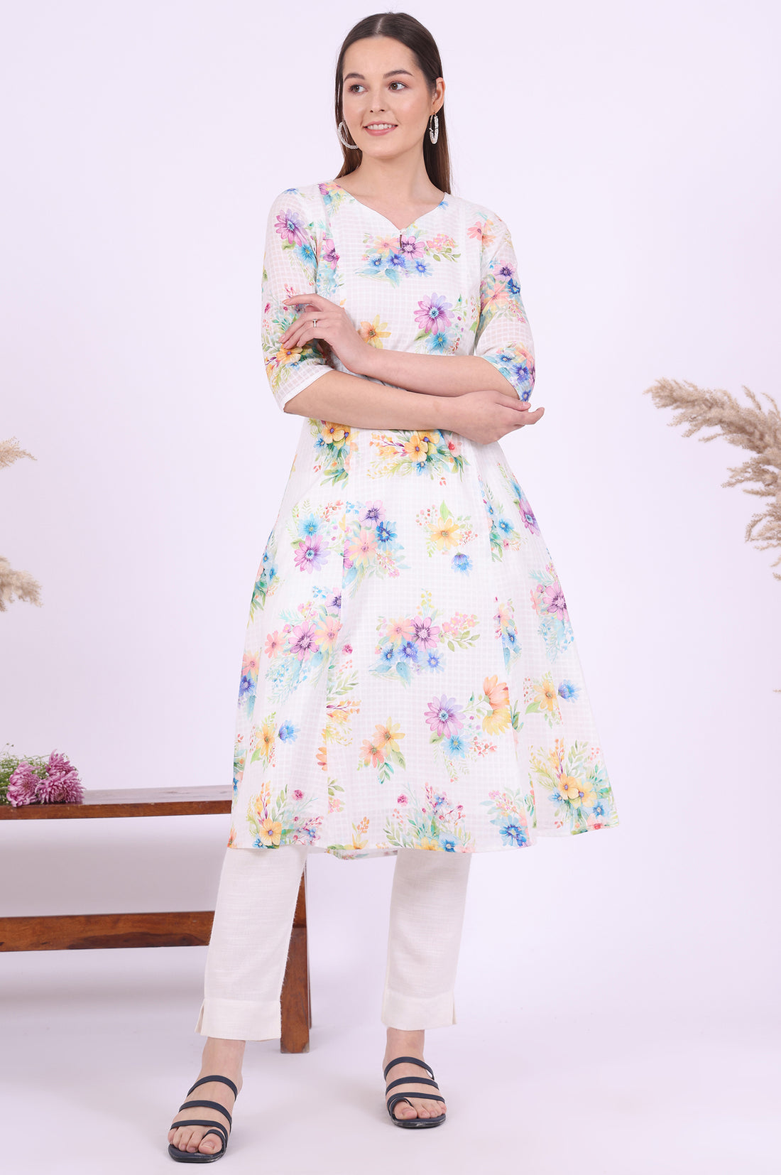 White Printed A-Line Pure Cotton Kurta