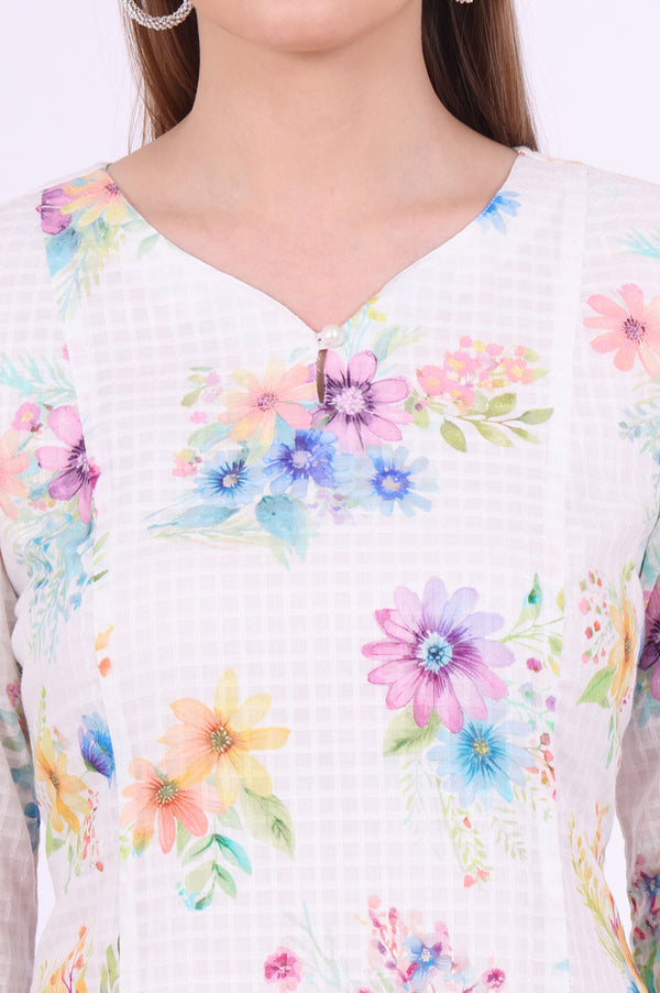 White Printed A-Line Pure Cotton Kurta