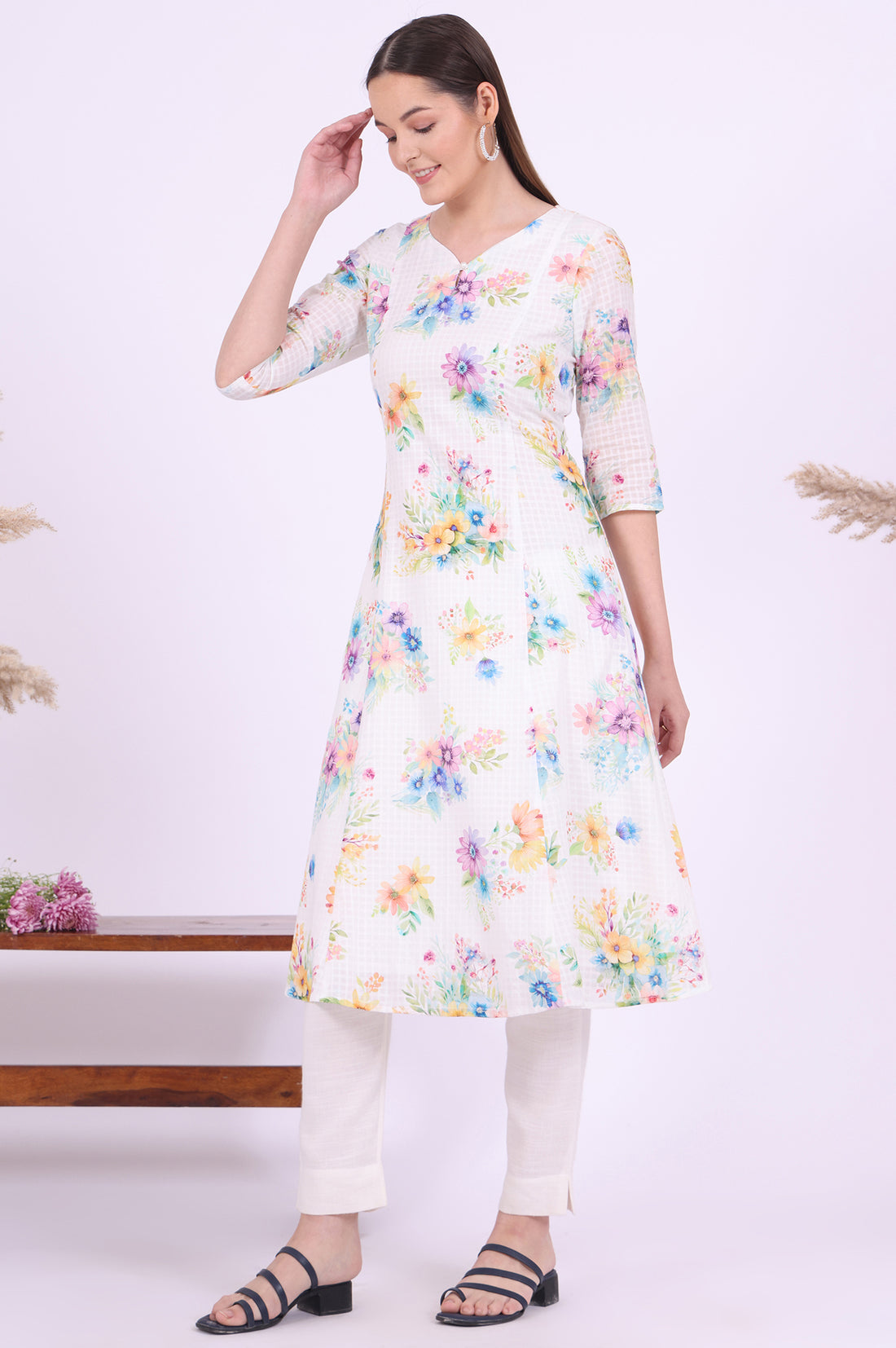 White Printed A-Line Pure Cotton Kurta