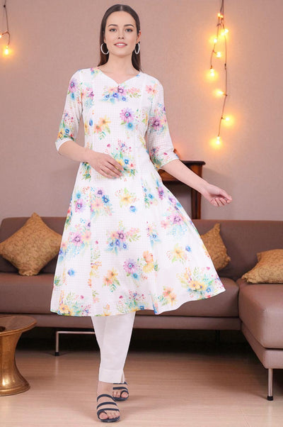 White Printed A-Line Pure Cotton Kurta