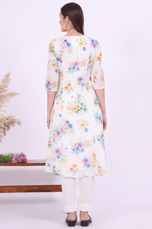 White Printed A-Line Pure Cotton Kurta