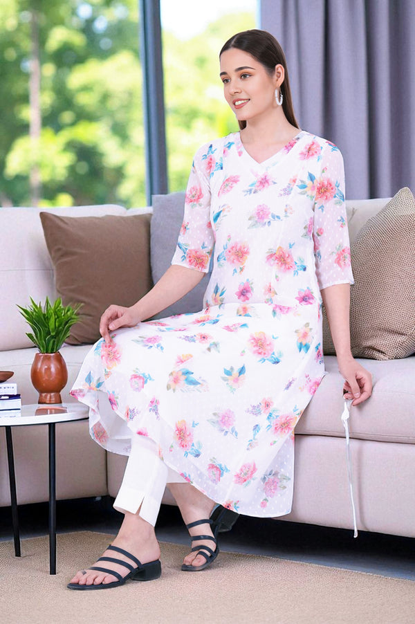 White Printed A-Line Georgette Kurta