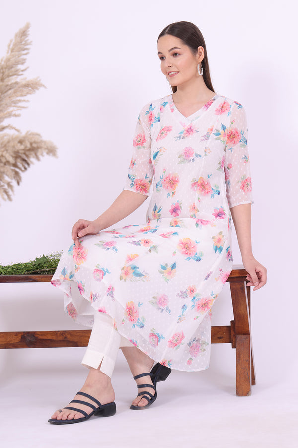 White Printed A-Line Georgette Kurta