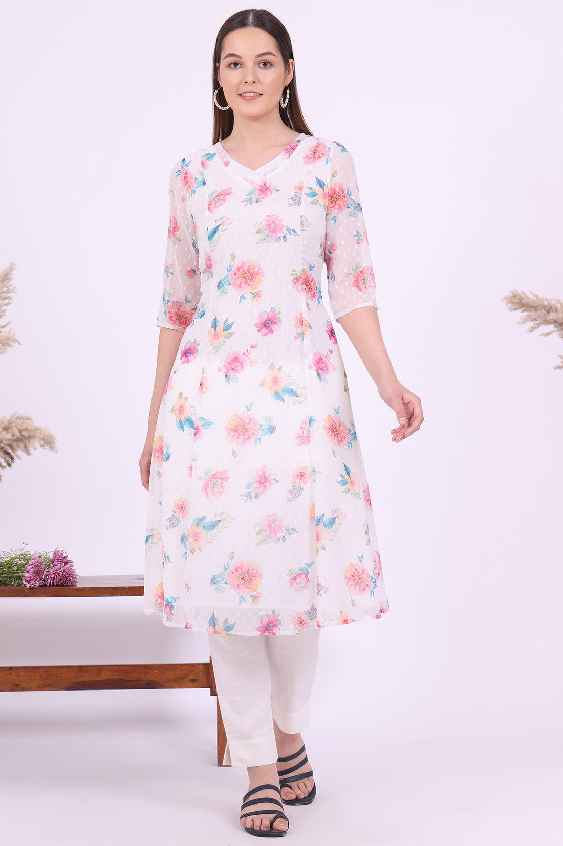 White Printed A-Line Georgette Kurta