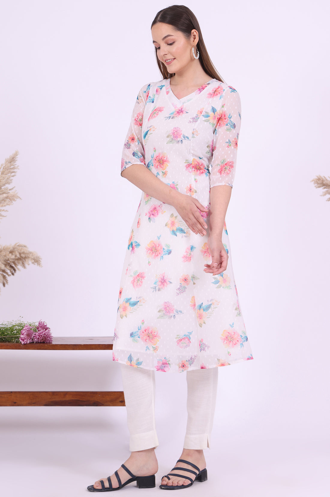 White Printed A-Line Georgette Kurta