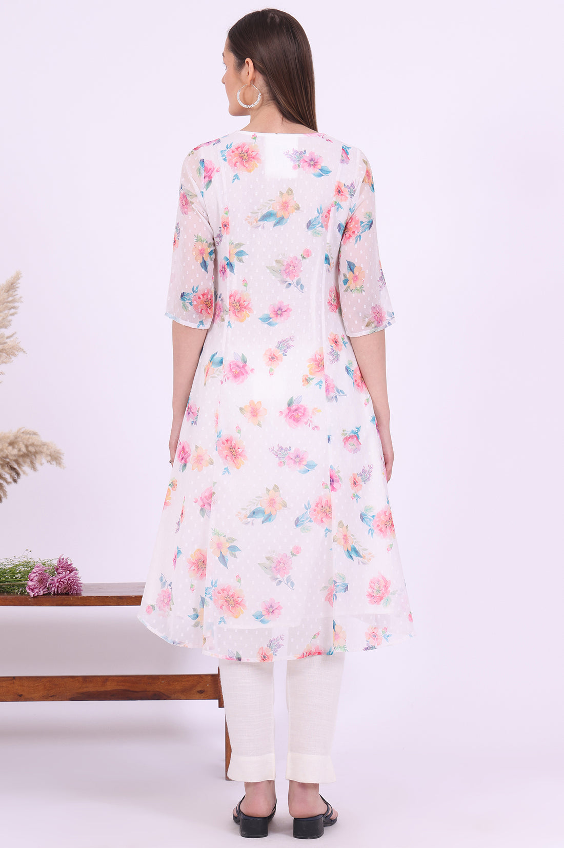 White Printed A-Line Georgette Kurta
