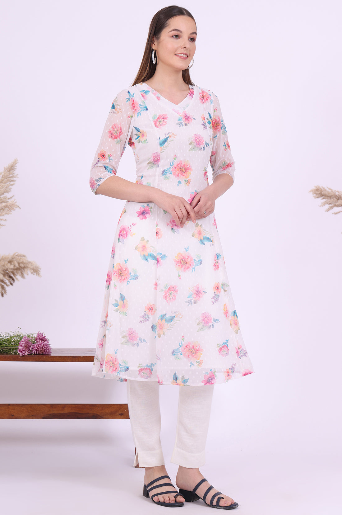 White Printed A-Line Georgette Kurta