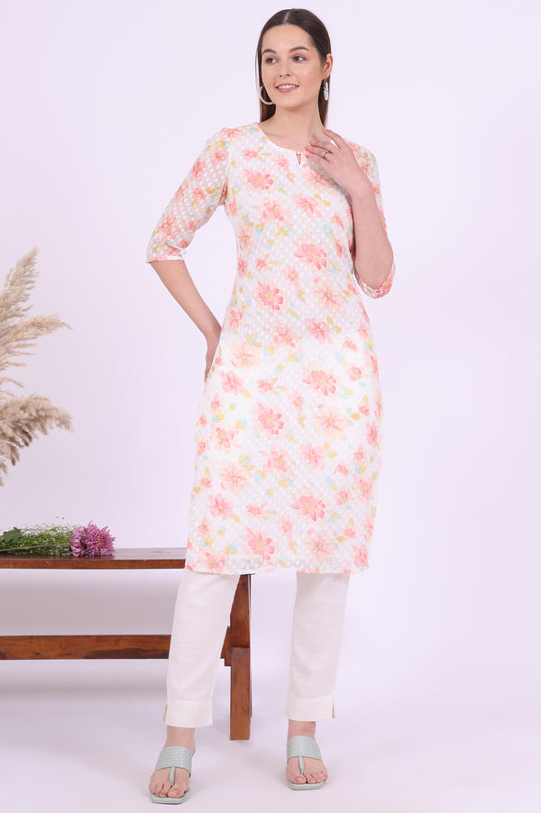 White Printed Straight Georgette Kurta