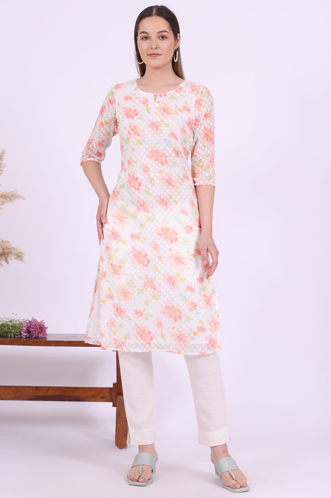 White Printed Straight Georgette Kurta