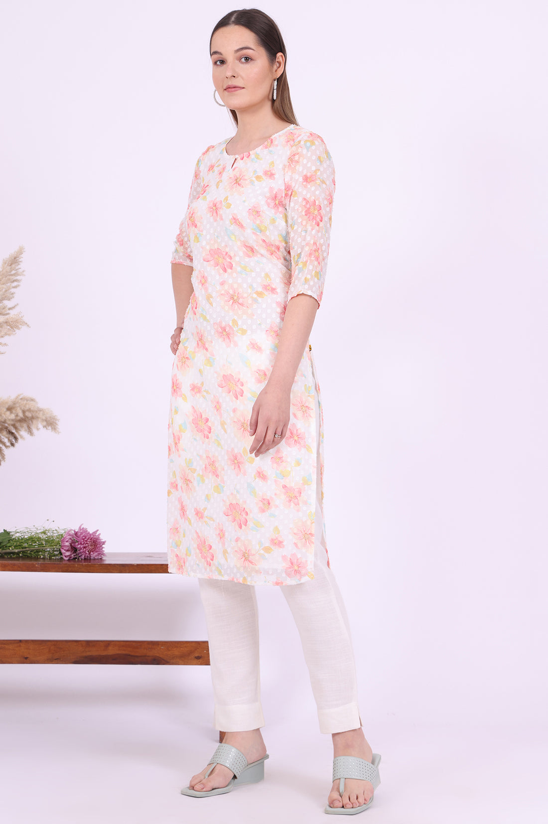 White Printed Straight Georgette Kurta