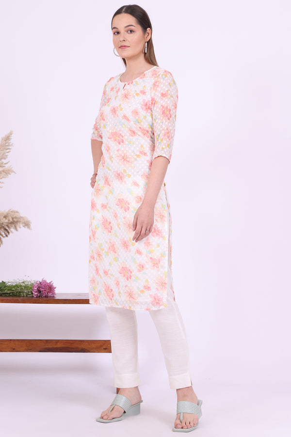 White Printed Straight Georgette Kurta
