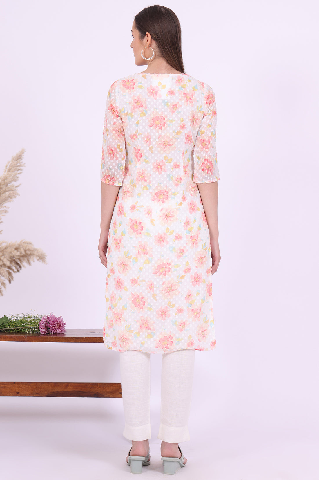 White Printed Straight Georgette Kurta