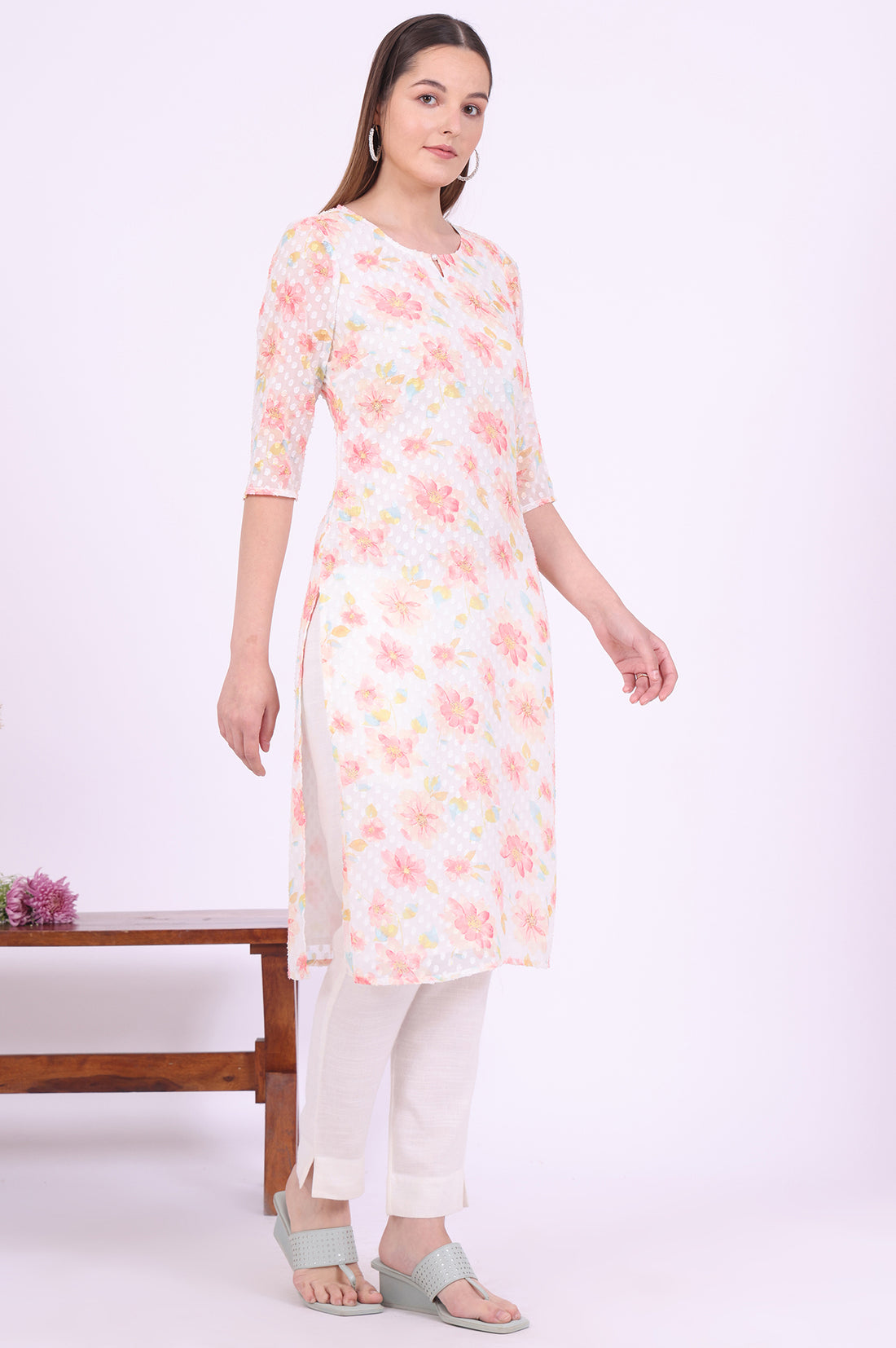 White Printed Straight Georgette Kurta