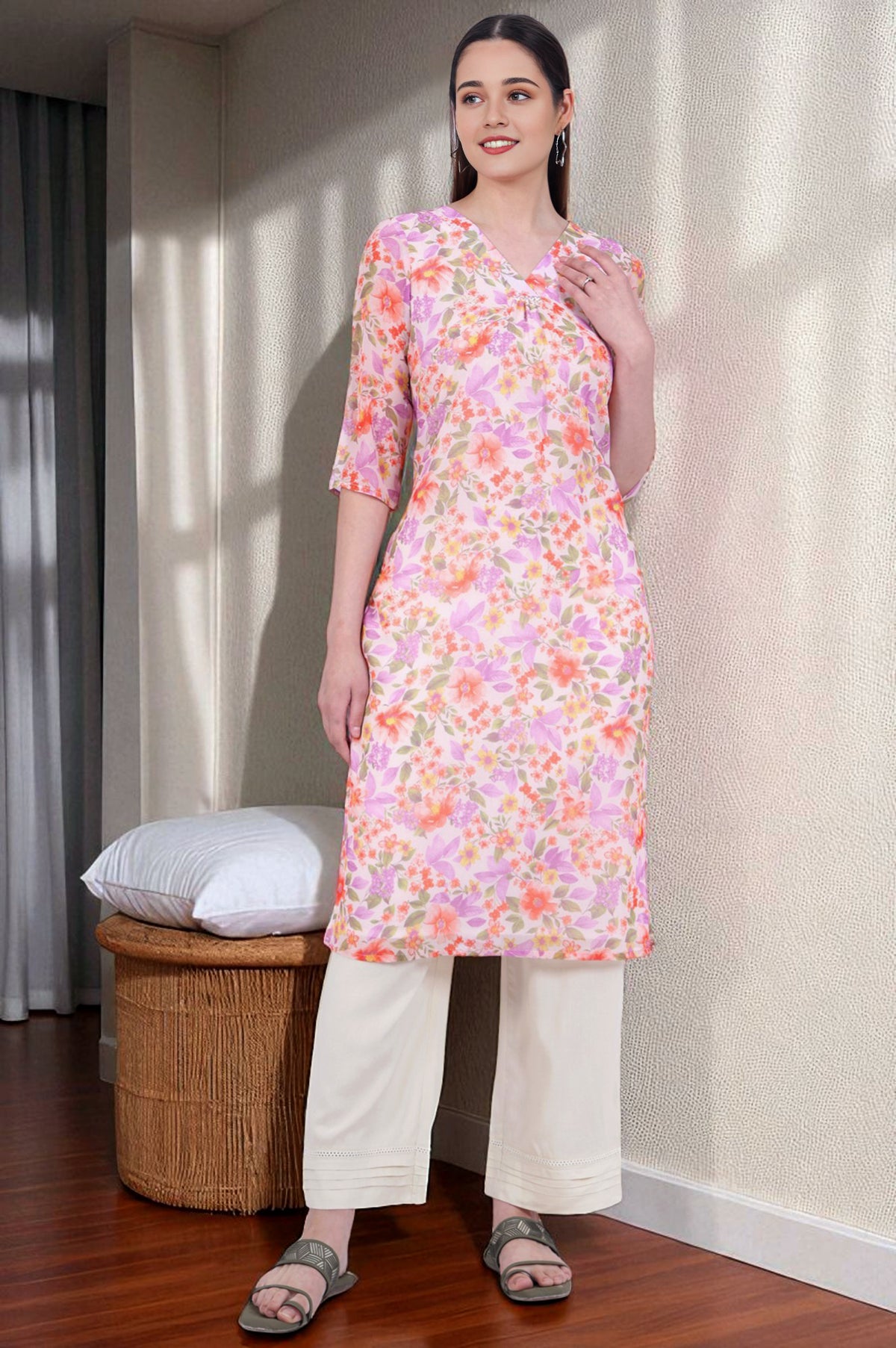 Orange Printed Straight Georgette Kurta - XS