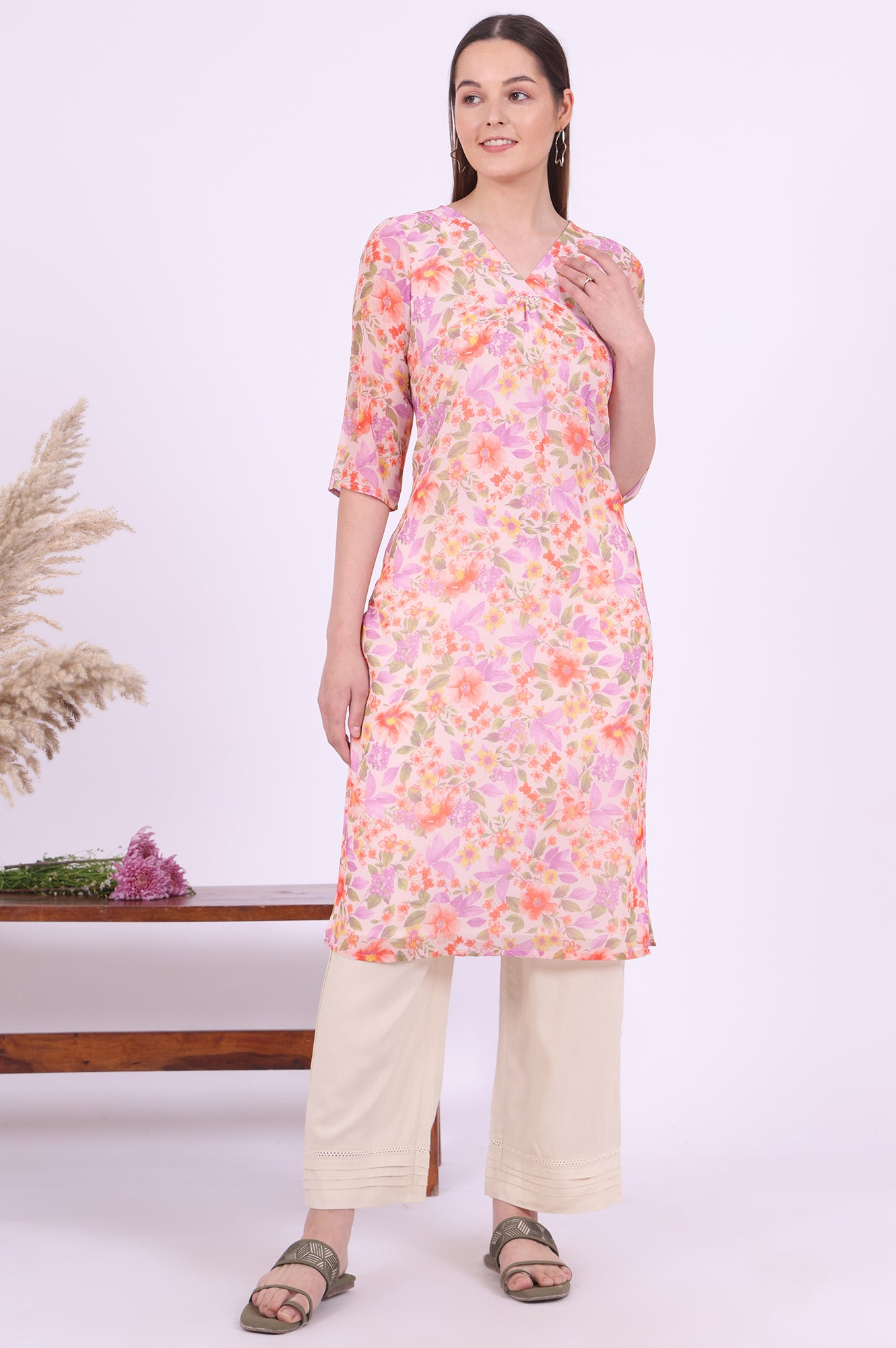 Orange Printed Straight Georgette Kurta