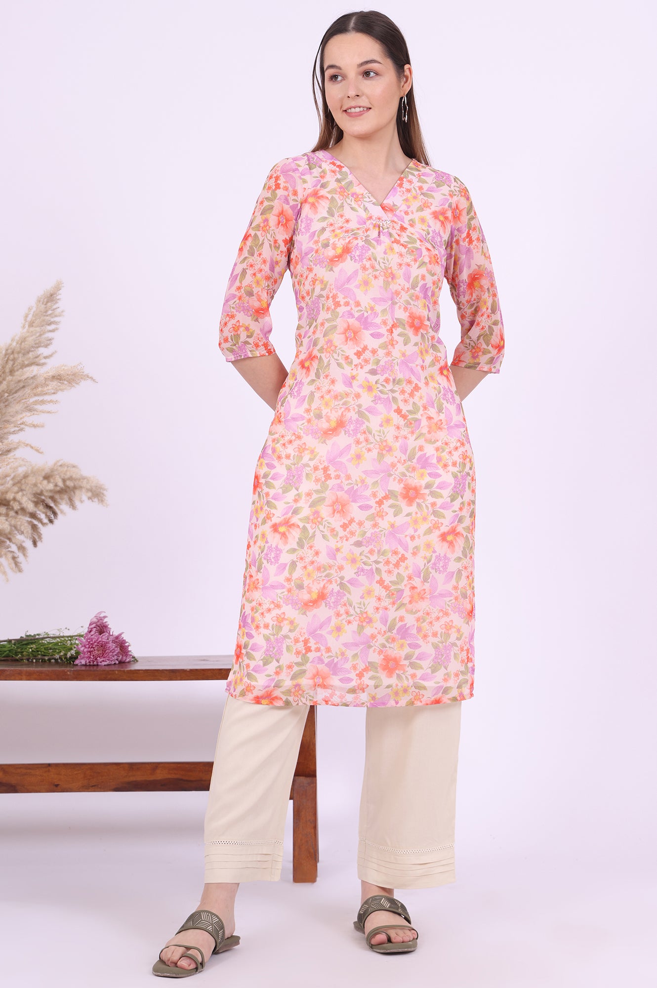 Orange Printed Straight Georgette Kurta