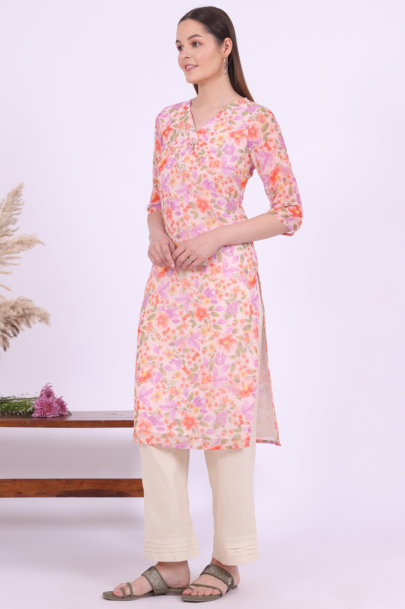 Orange Printed Straight Georgette Kurta