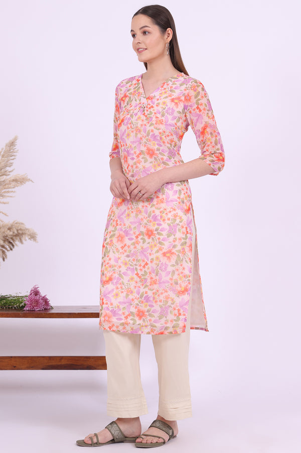 Orange Printed Straight Georgette Kurta